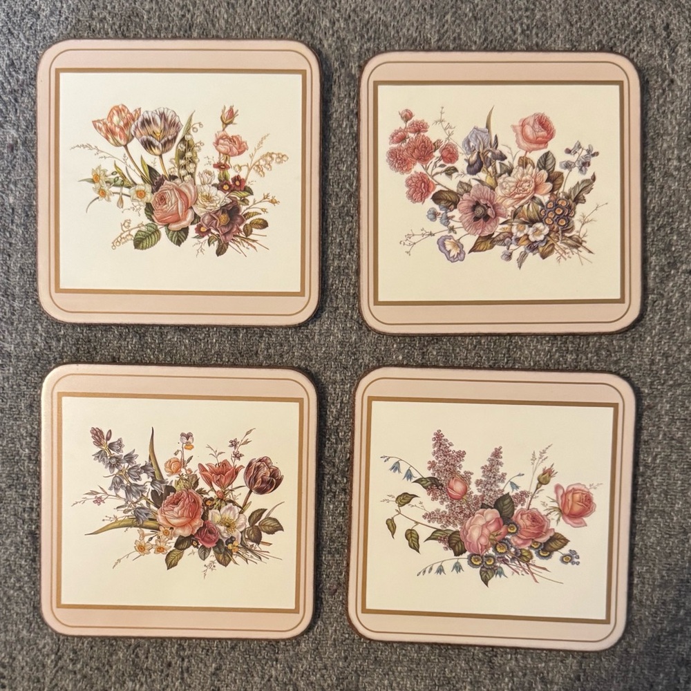 Pimpernel Coasters Flowers Redoute Rose Set of‎ 5 Made England Cork back 4" sq